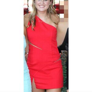 NBD red short dress with sheer insets